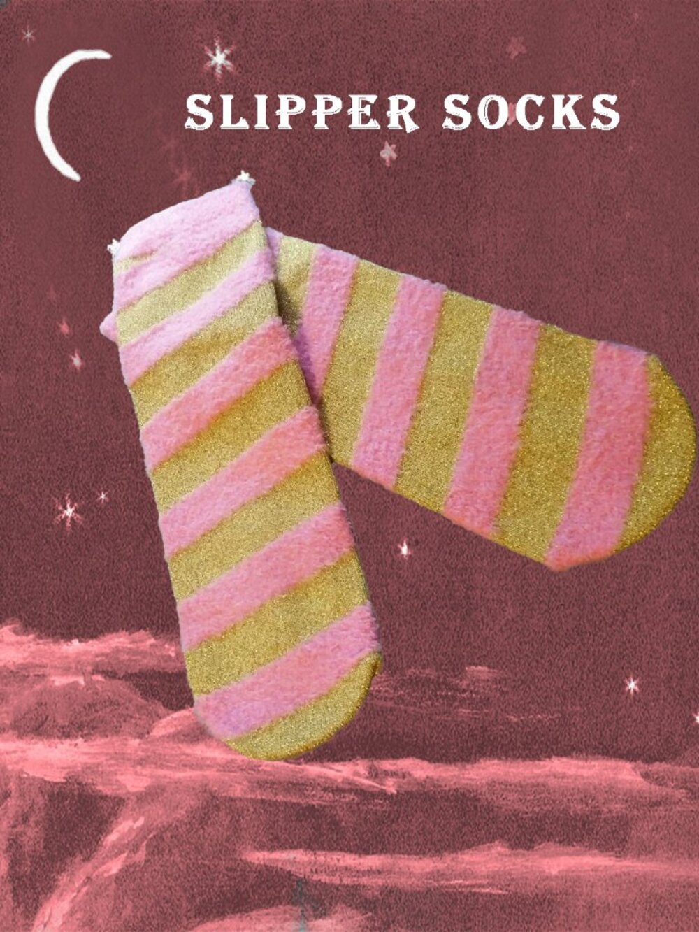 Pink & Gold Slipper Socks, NWOT, Warm Fuzzy Sox with Metallic Gold